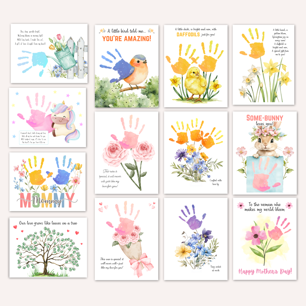 Printable Mother's day handprint and footprints crafts for mom and grandma including flowers and cute animals