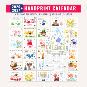 Printable 2026 & 2027 Handprint Calendar Crafts Bundle including cute animals, poems, and more