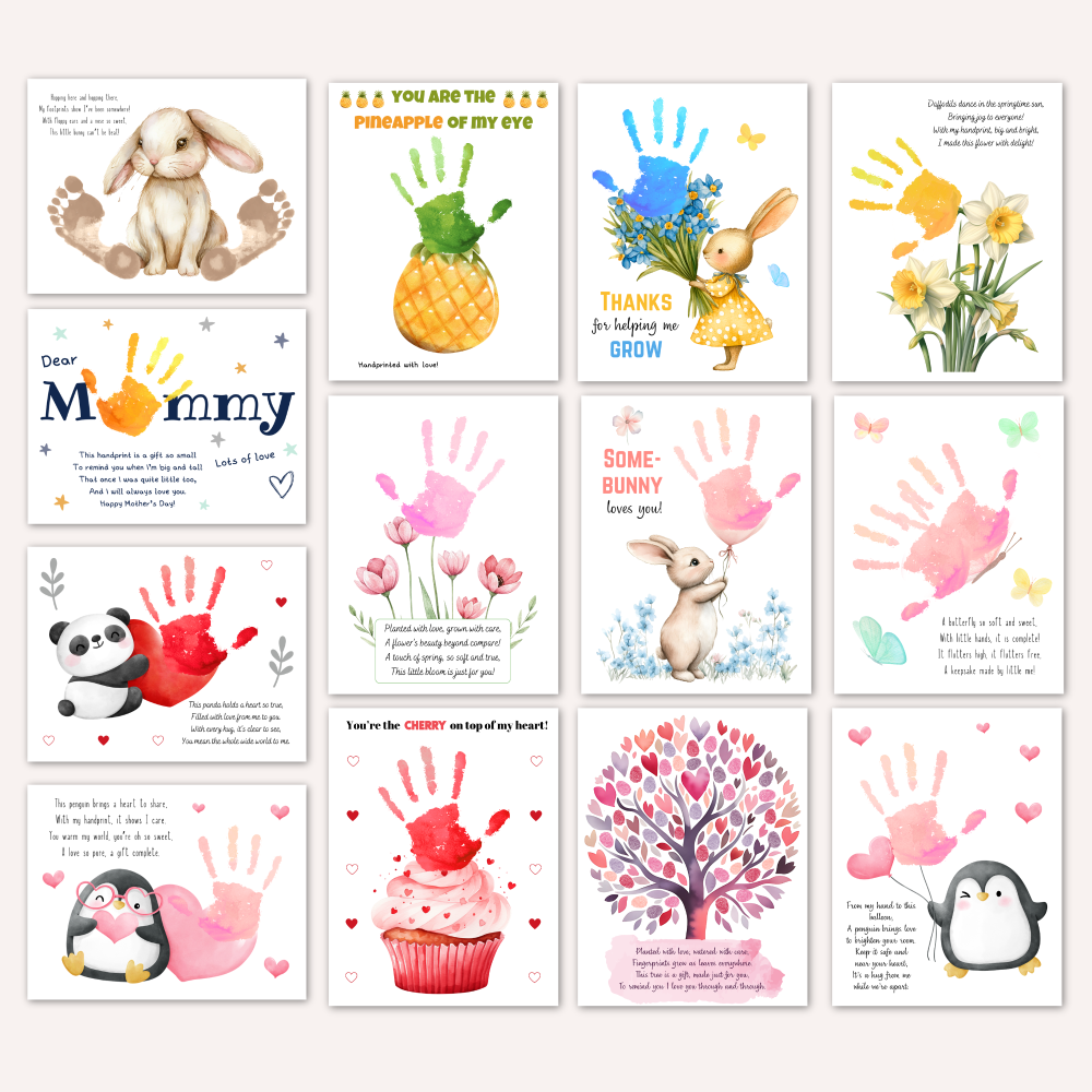 Printable Mother's day handprint and footprints crafts for mom and grandma including flowers and cute animals