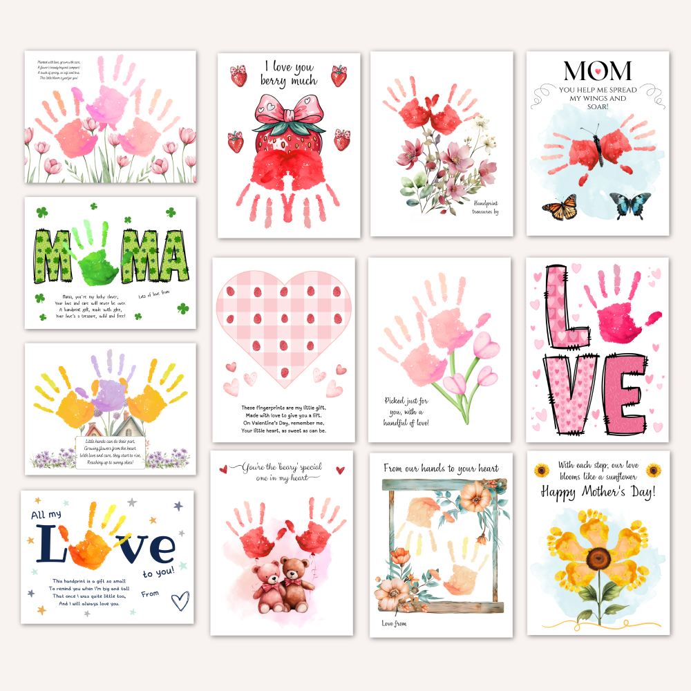 Printable Mother's day handprint and footprints crafts for mom and grandma including flowers and cute animals