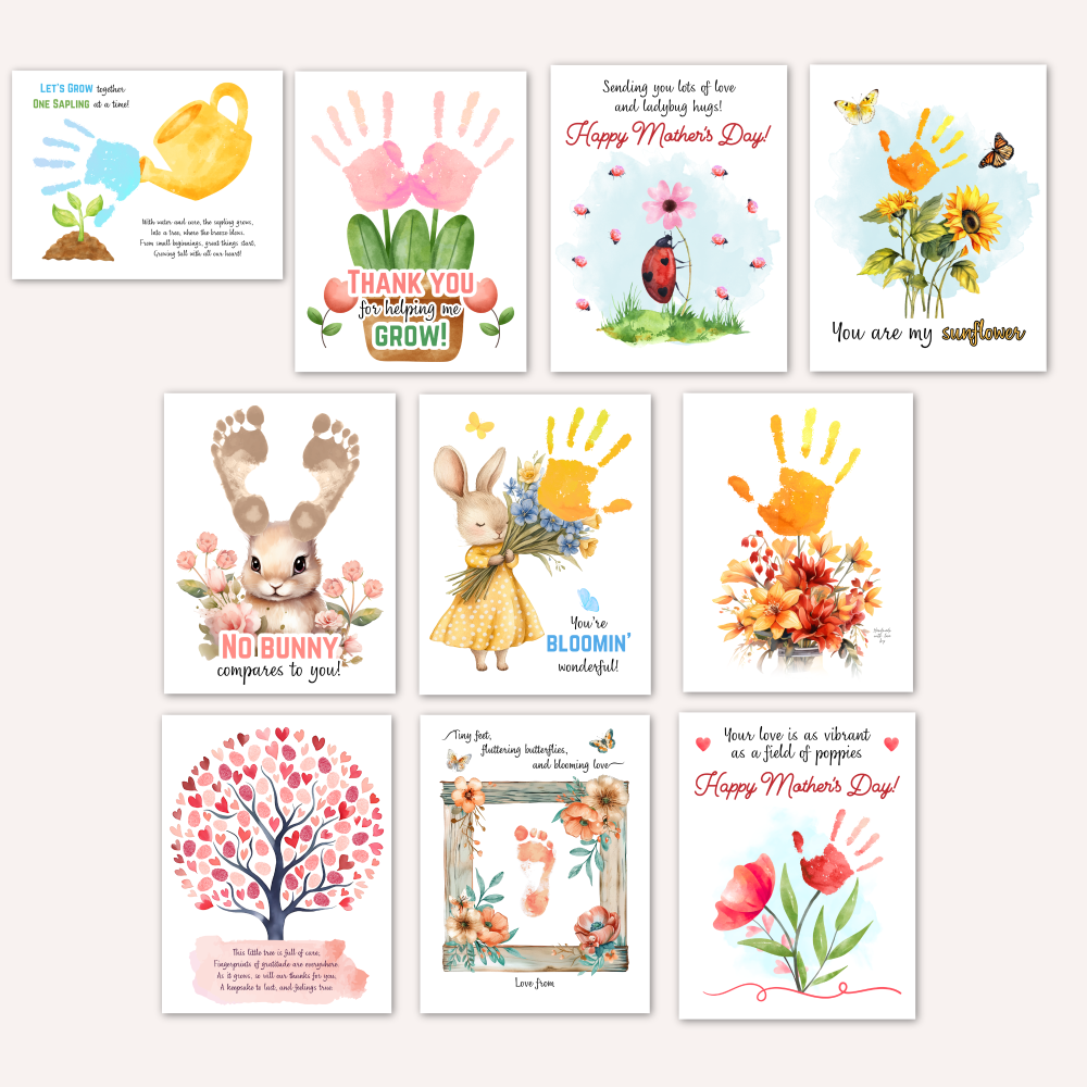 Printable Mother's day handprint and footprints crafts for mom and grandma including flowers and cute animals