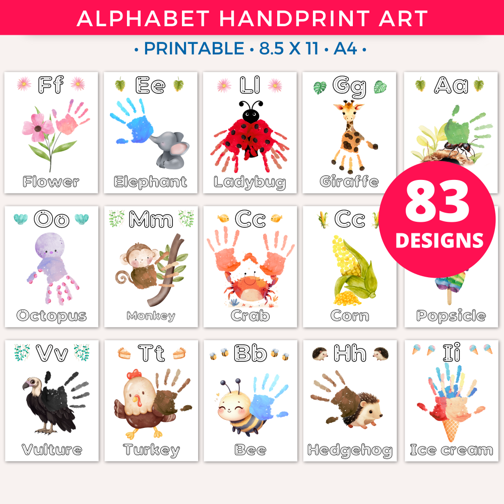 Printable A-Z Alphabet Handprint Crafts Bundle including animals, letter and word tracing