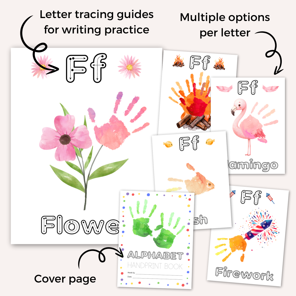 Printable A-Z Alphabet Handprint Crafts Bundle including animals, letter and word tracing
