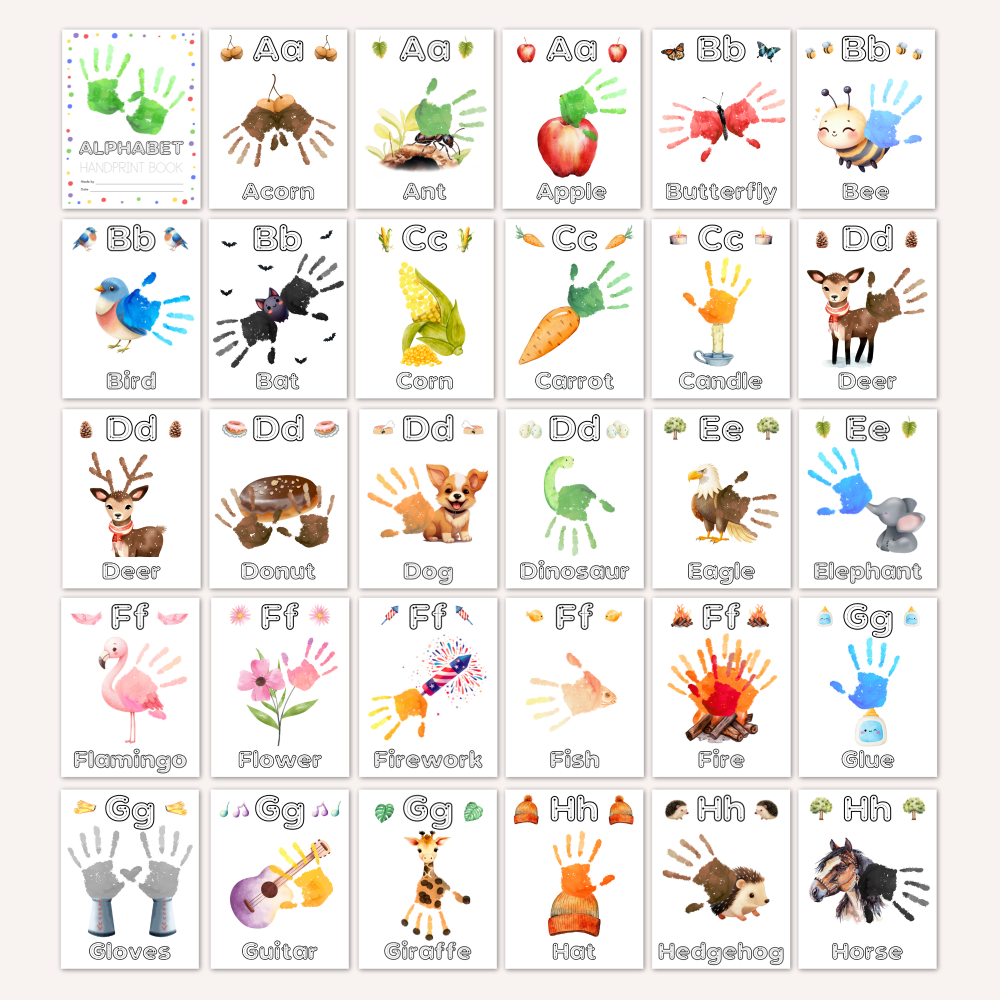 Printable A-Z Alphabet Handprint Crafts Bundle including animals, letter and word tracing