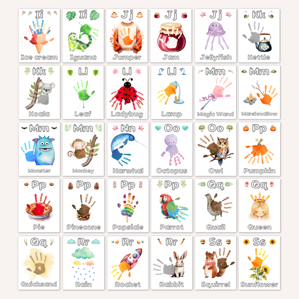 Printable A-Z Alphabet Handprint Crafts Bundle including animals, letter and word tracing