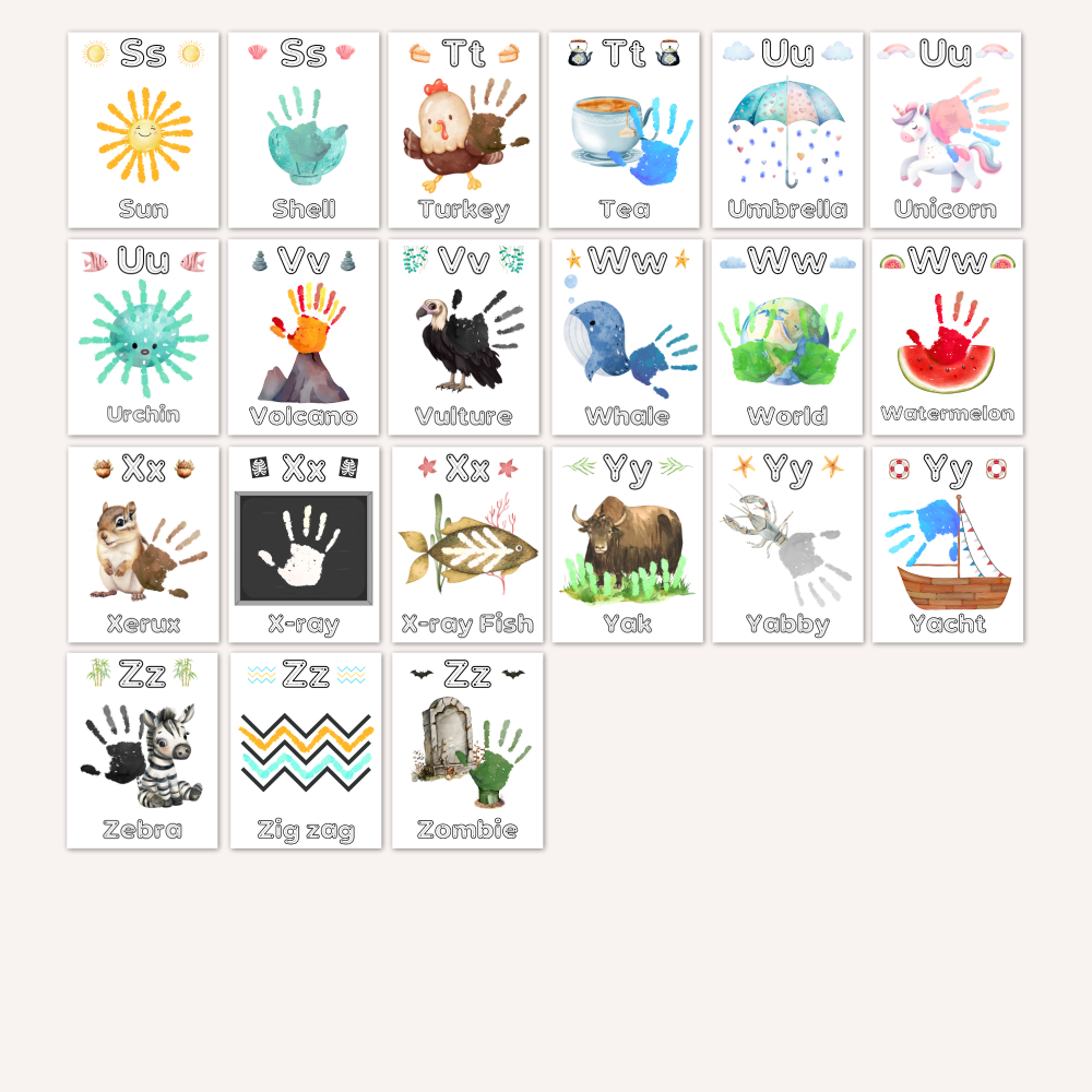Printable A-Z Alphabet Handprint Crafts Bundle including animals, letter and word tracing
